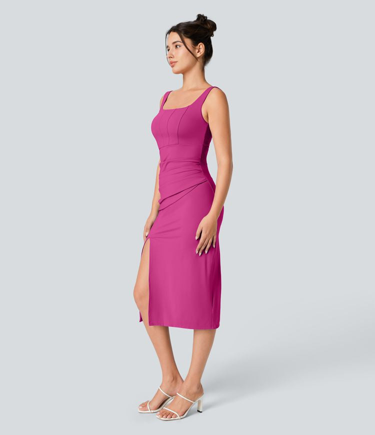 CurveLift™ Airy Square Neck Backless Corset Ruched Split Bodycon Midi Cool Touch Bridesmaid and Wedding Guest Dress