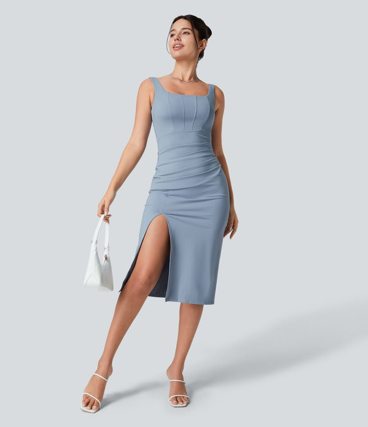 CurveLift™ Airy Square Neck Backless Corset Ruched Split Bodycon Midi Cool Touch Bridesmaid and Wedding Guest Dress