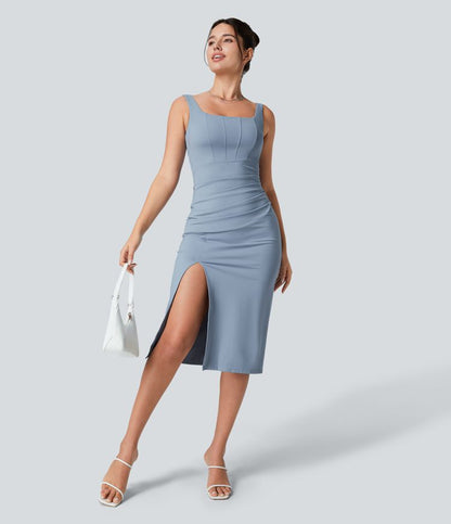 CurveLift™ Airy Square Neck Backless Corset Ruched Split Bodycon Midi Cool Touch Bridesmaid and Wedding Guest Dress