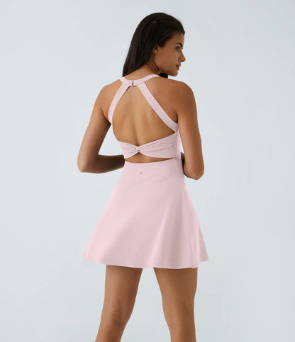 CurveLift™ Airy Backless Twisted Flare Low Support Dance Active Dress-Longer Length-Easy Peezy Edition A-C Cups