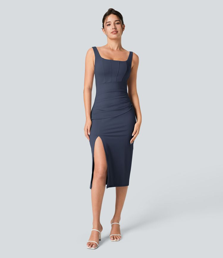 CurveLift™ Airy Square Neck Backless Corset Ruched Split Bodycon Midi Cool Touch Bridesmaid and Wedding Guest Dress