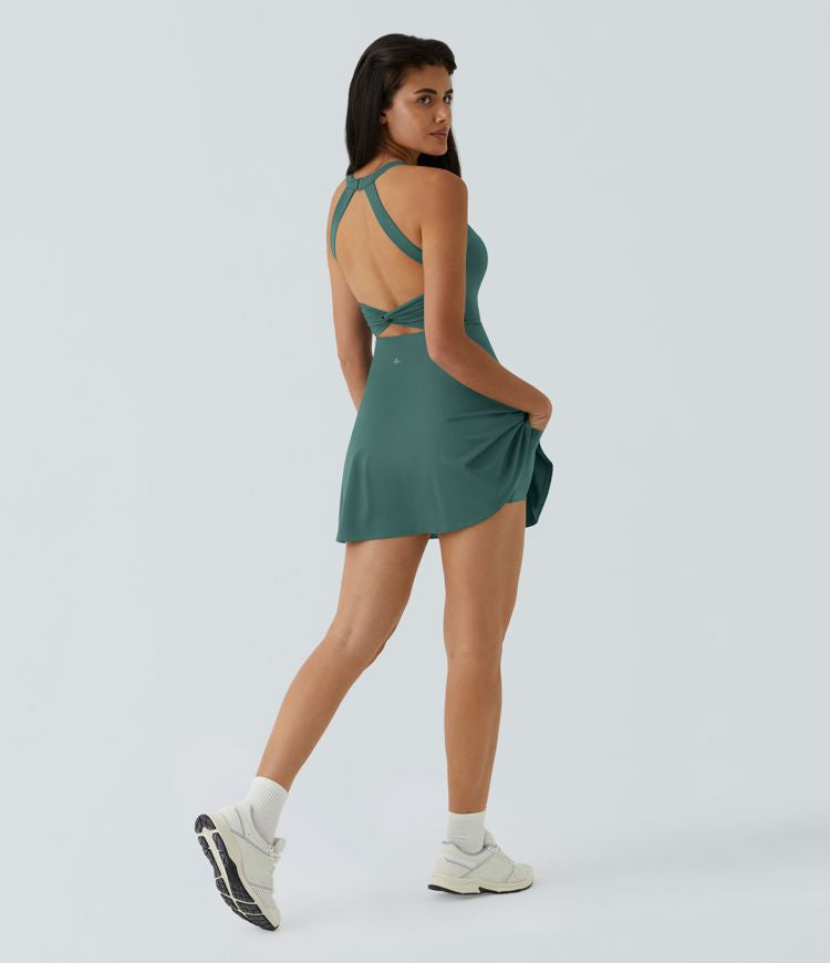 CurveLift™ Airy Backless Twisted Flare Low Support Dance Active Dress-Longer Length-Easy Peezy Edition A-C Cups