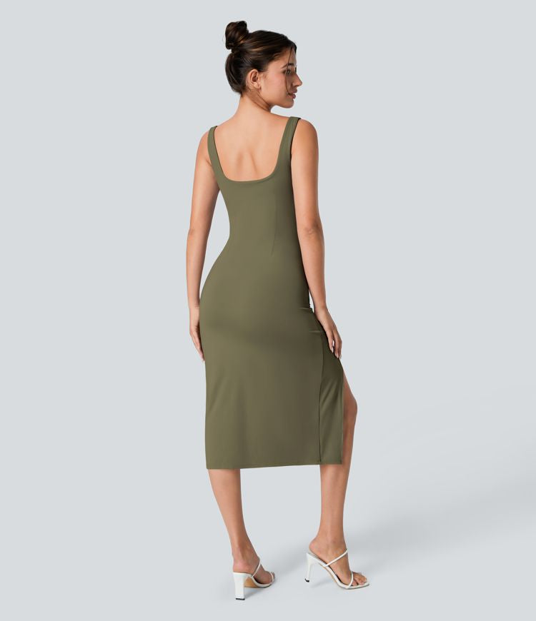 CurveLift™ Airy Square Neck Backless Corset Ruched Split Bodycon Midi Cool Touch Bridesmaid and Wedding Guest Dress