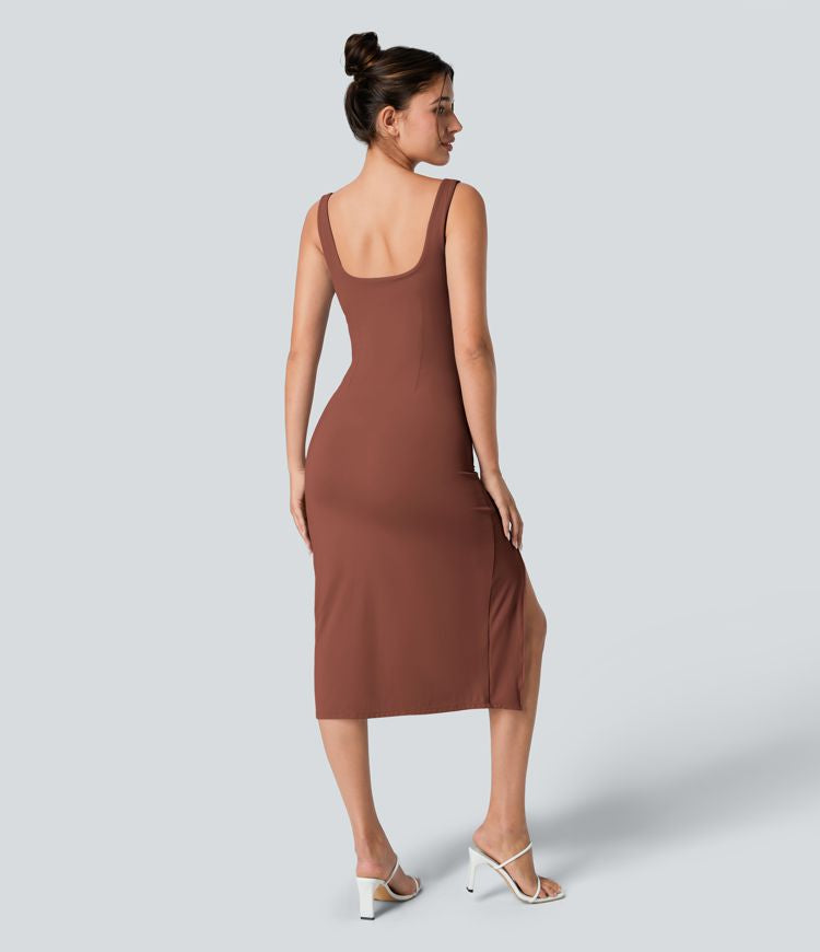 CurveLift™ Airy Square Neck Backless Corset Ruched Split Bodycon Midi Cool Touch Bridesmaid and Wedding Guest Dress