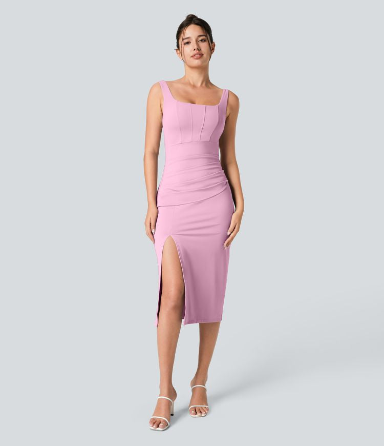 CurveLift™ Airy Square Neck Backless Corset Ruched Split Bodycon Midi Cool Touch Bridesmaid and Wedding Guest Dress