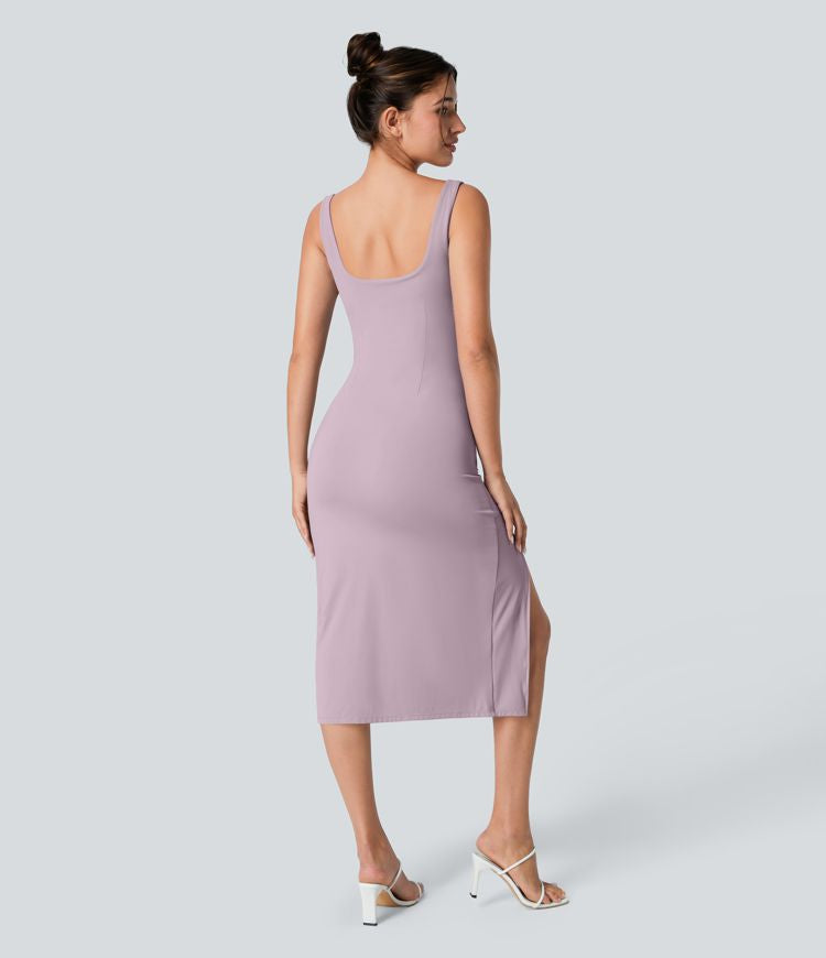 CurveLift™ Airy Square Neck Backless Corset Ruched Split Bodycon Midi Cool Touch Bridesmaid and Wedding Guest Dress