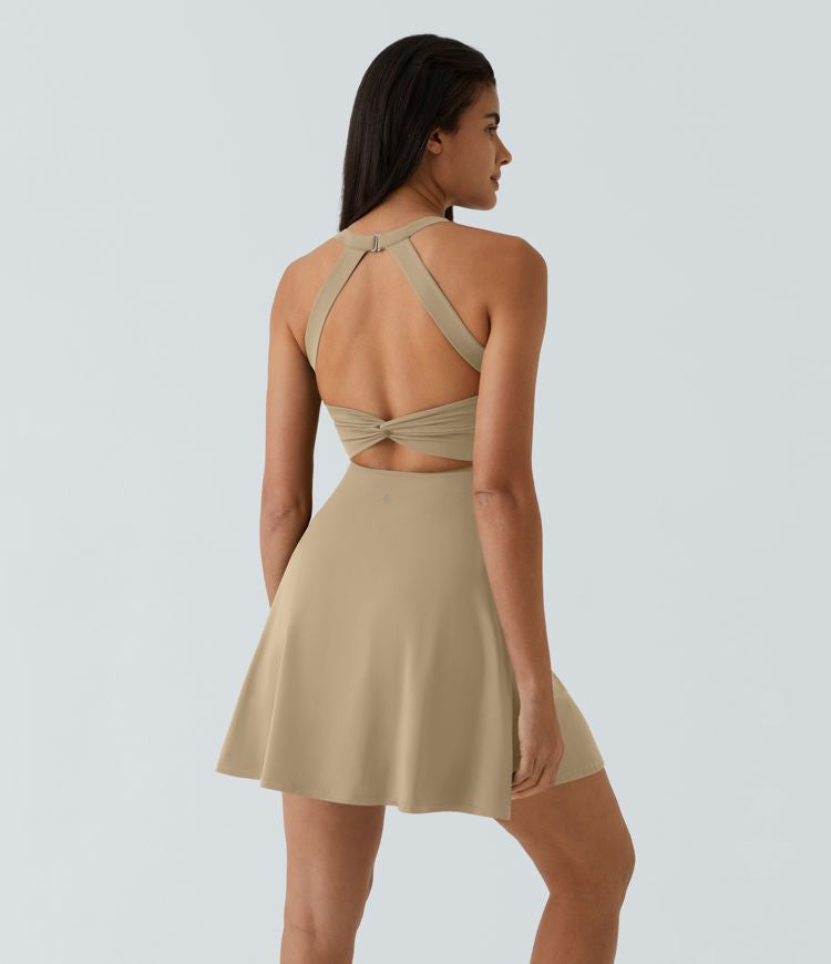 CurveLift™ Airy Backless Twisted Flare Low Support Dance Active Dress-Longer Length-Easy Peezy Edition A-C Cups