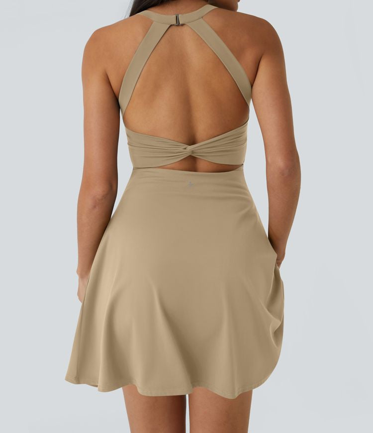 CurveLift™ Airy Backless Twisted Flare Low Support Dance Active Dress-Longer Length-Easy Peezy Edition A-C Cups