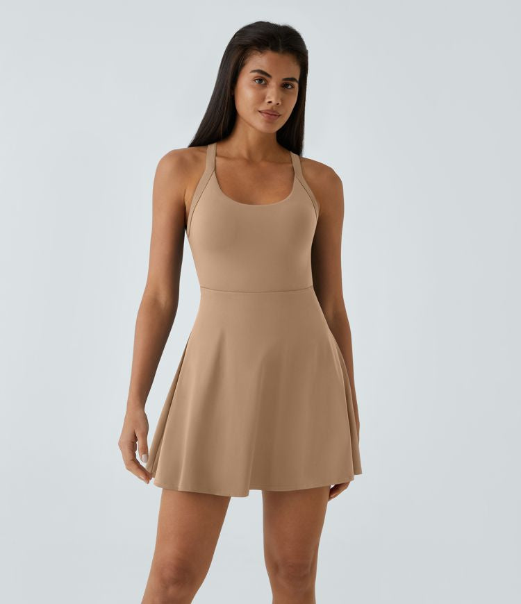 CurveLift™ Airy Backless Twisted Flare Low Support Dance Active Dress-Longer Length-Easy Peezy Edition A-C Cups