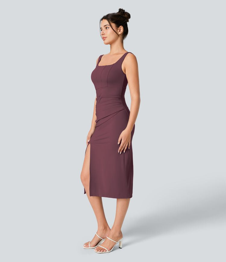 CurveLift™ Airy Square Neck Backless Corset Ruched Split Bodycon Midi Cool Touch Bridesmaid and Wedding Guest Dress
