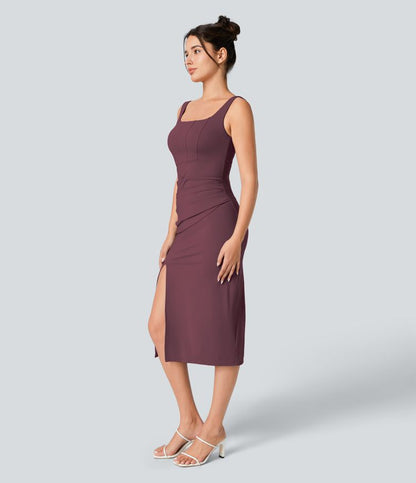 CurveLift™ Airy Square Neck Backless Corset Ruched Split Bodycon Midi Cool Touch Bridesmaid and Wedding Guest Dress