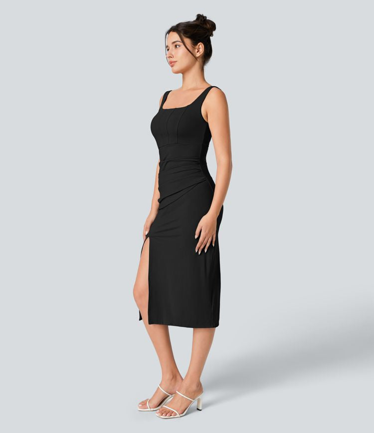 CurveLift™ Airy Square Neck Backless Corset Ruched Split Bodycon Midi Cool Touch Bridesmaid and Wedding Guest Dress