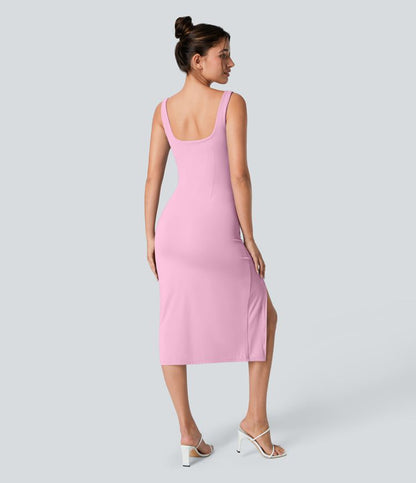 CurveLift™ Airy Square Neck Backless Corset Ruched Split Bodycon Midi Cool Touch Bridesmaid and Wedding Guest Dress