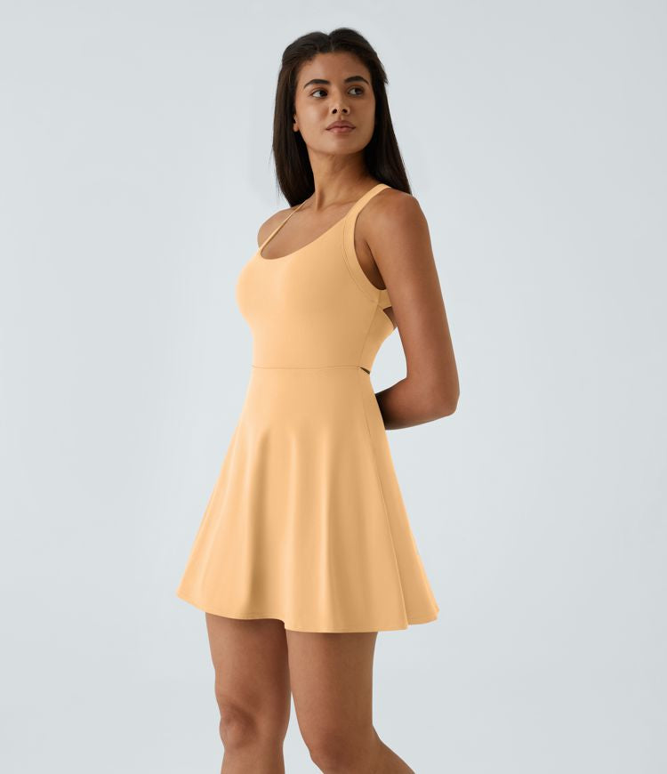 CurveLift™ Airy Backless Twisted Flare Low Support Dance Active Dress-Longer Length-Easy Peezy Edition A-C Cups