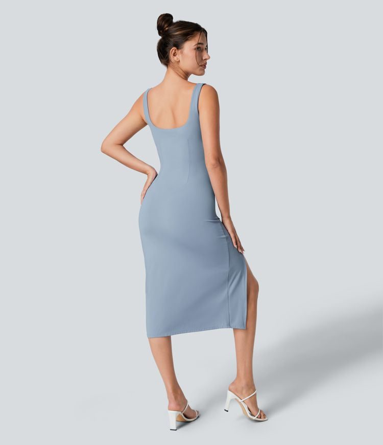 CurveLift™ Airy Square Neck Backless Corset Ruched Split Bodycon Midi Cool Touch Bridesmaid and Wedding Guest Dress