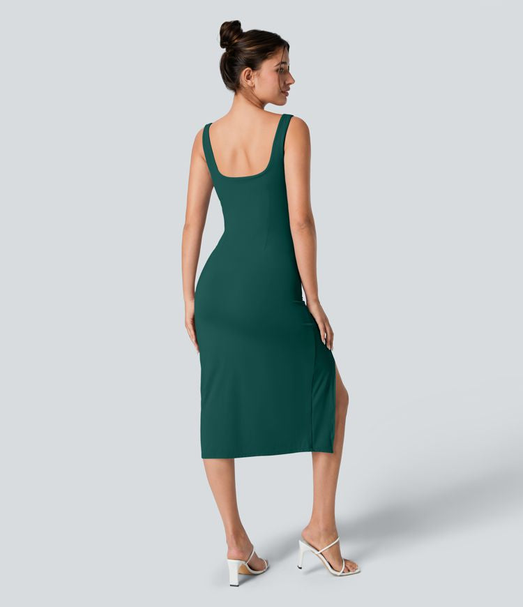 CurveLift™ Airy Square Neck Backless Corset Ruched Split Bodycon Midi Cool Touch Bridesmaid and Wedding Guest Dress