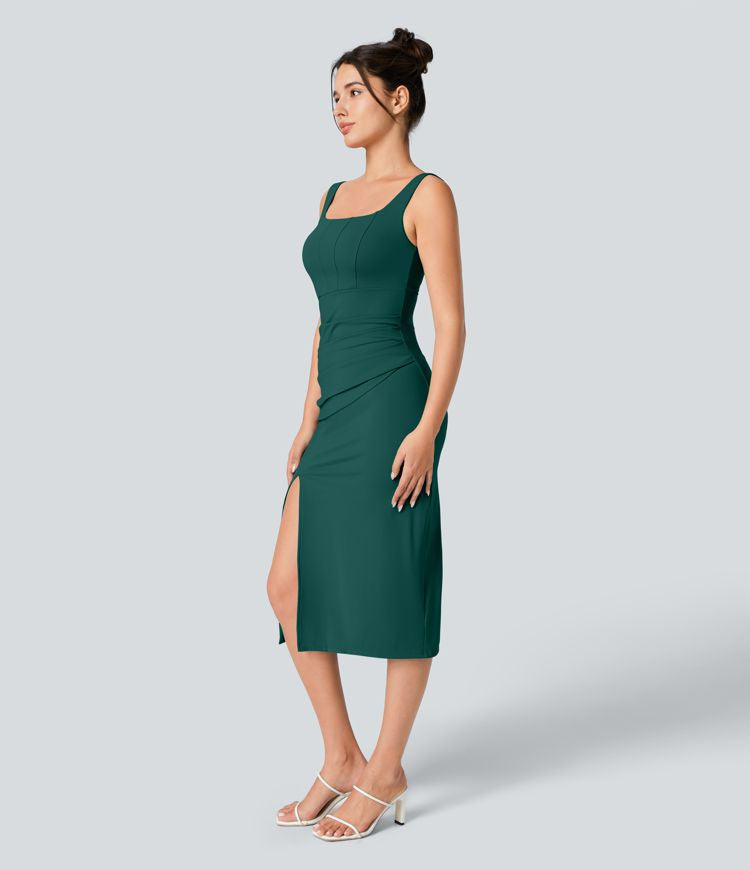 CurveLift™ Airy Square Neck Backless Corset Ruched Split Bodycon Midi Cool Touch Bridesmaid and Wedding Guest Dress