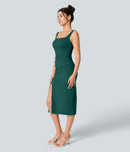CurveLift™ Airy Square Neck Backless Corset Ruched Split Bodycon Midi Cool Touch Bridesmaid and Wedding Guest Dress