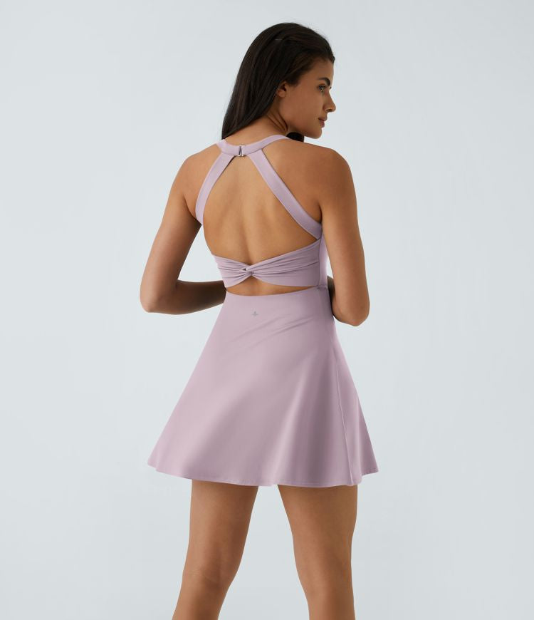 CurveLift™ Airy Backless Twisted Flare Low Support Dance Active Dress-Longer Length-Easy Peezy Edition A-C Cups