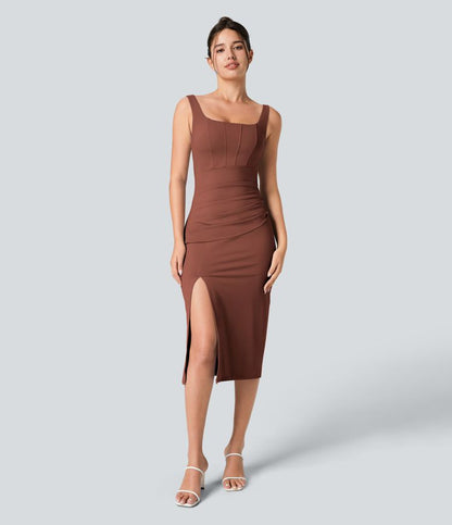 CurveLift™ Airy Square Neck Backless Corset Ruched Split Bodycon Midi Cool Touch Bridesmaid and Wedding Guest Dress