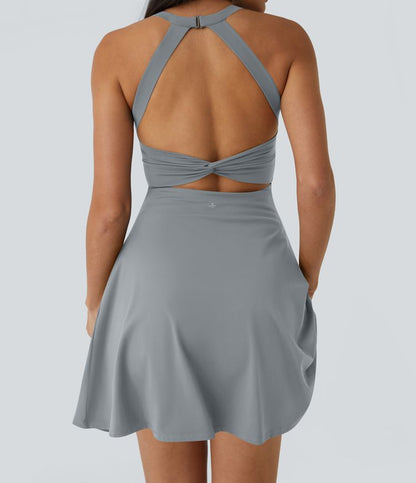 CurveLift™ Airy Backless Twisted Flare Low Support Dance Active Dress-Longer Length-Easy Peezy Edition A-C Cups