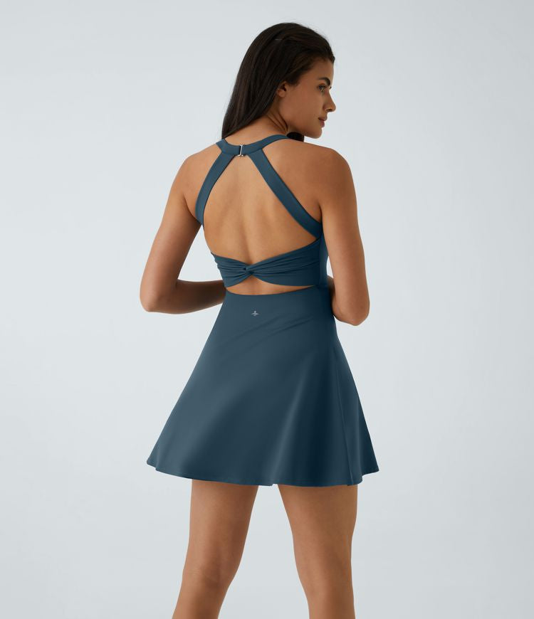 CurveLift™ Airy Backless Twisted Flare Low Support Dance Active Dress-Longer Length-Easy Peezy Edition A-C Cups