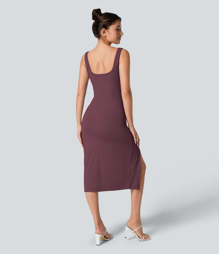 CurveLift™ Airy Square Neck Backless Corset Ruched Split Bodycon Midi Cool Touch Bridesmaid and Wedding Guest Dress