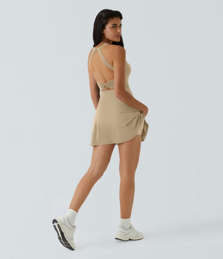 CurveLift™ Airy Backless Twisted Flare Low Support Dance Active Dress-Longer Length-Easy Peezy Edition A-C Cups