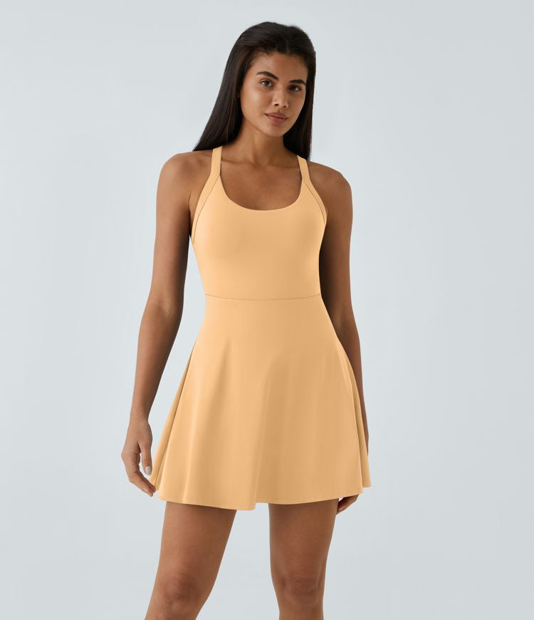 CurveLift™ Airy Backless Twisted Flare Low Support Dance Active Dress-Longer Length-Easy Peezy Edition A-C Cups