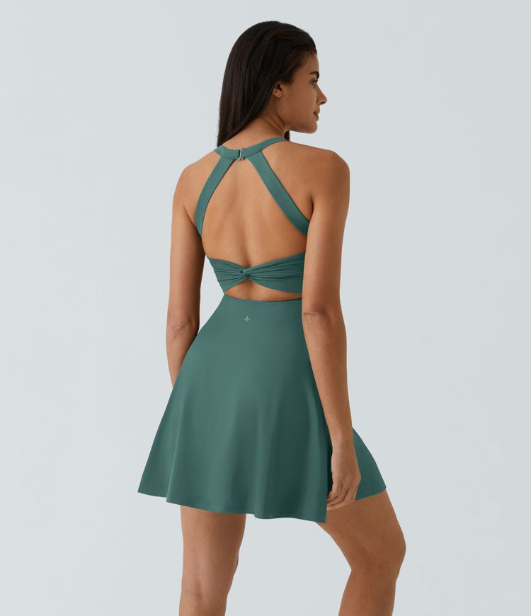 CurveLift™ Airy Backless Twisted Flare Low Support Dance Active Dress-Longer Length-Easy Peezy Edition A-C Cups