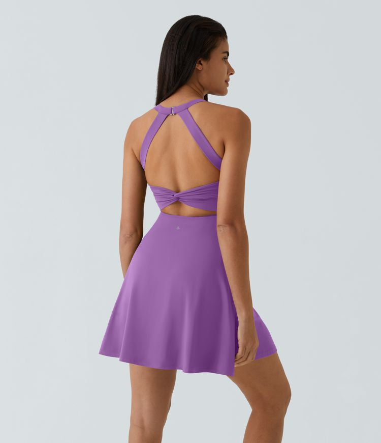 CurveLift™ Airy Backless Twisted Flare Low Support Dance Active Dress-Longer Length-Easy Peezy Edition A-C Cups