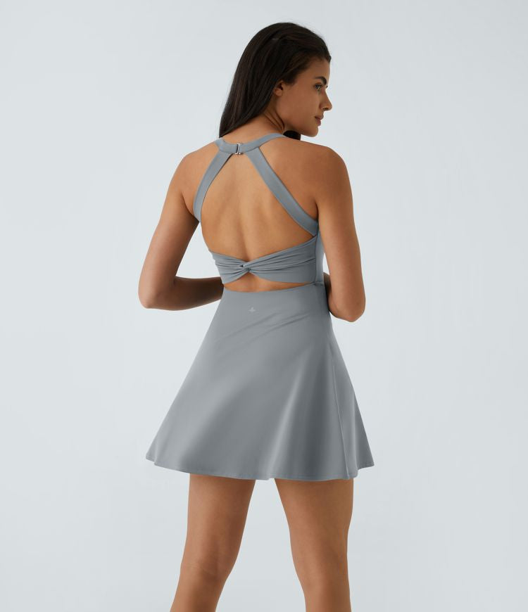 CurveLift™ Airy Backless Twisted Flare Low Support Dance Active Dress-Longer Length-Easy Peezy Edition A-C Cups
