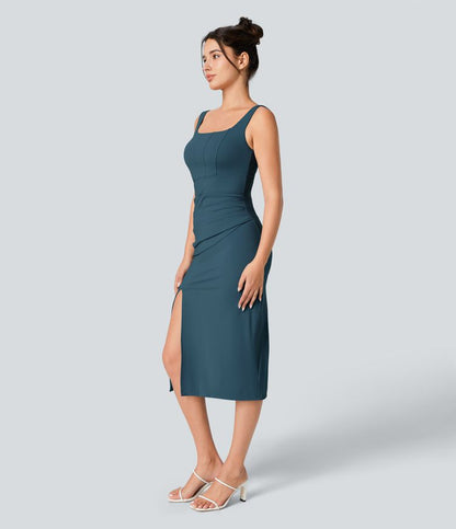 CurveLift™ Airy Square Neck Backless Corset Ruched Split Bodycon Midi Cool Touch Bridesmaid and Wedding Guest Dress