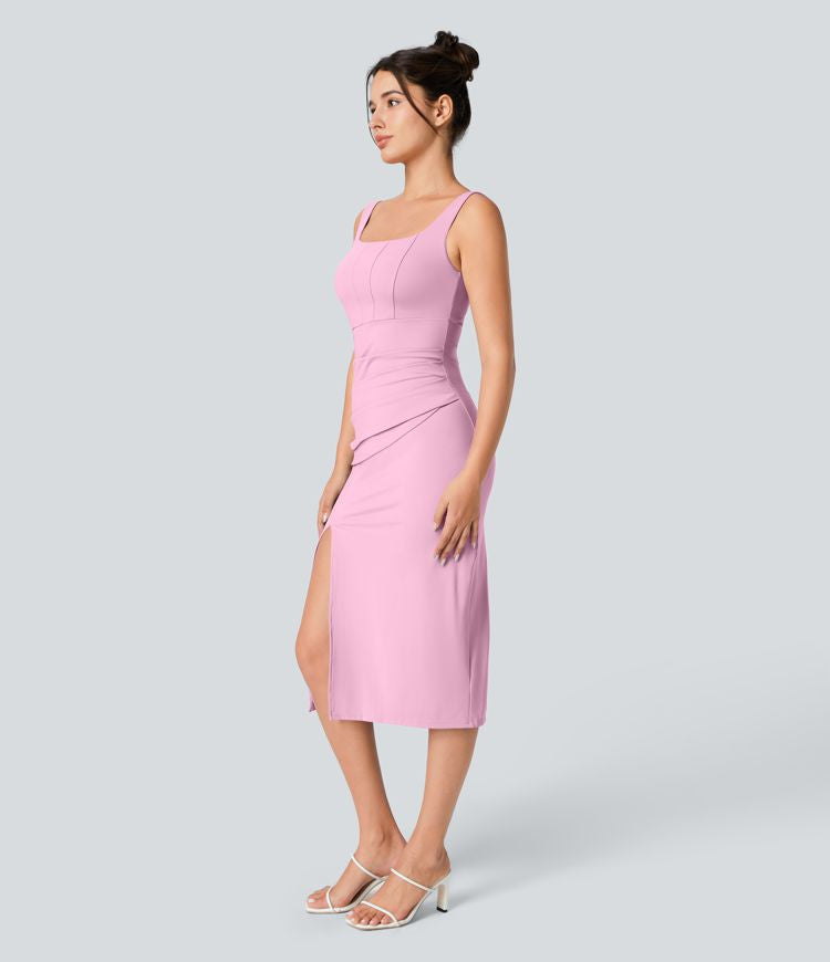 CurveLift™ Airy Square Neck Backless Corset Ruched Split Bodycon Midi Cool Touch Bridesmaid and Wedding Guest Dress