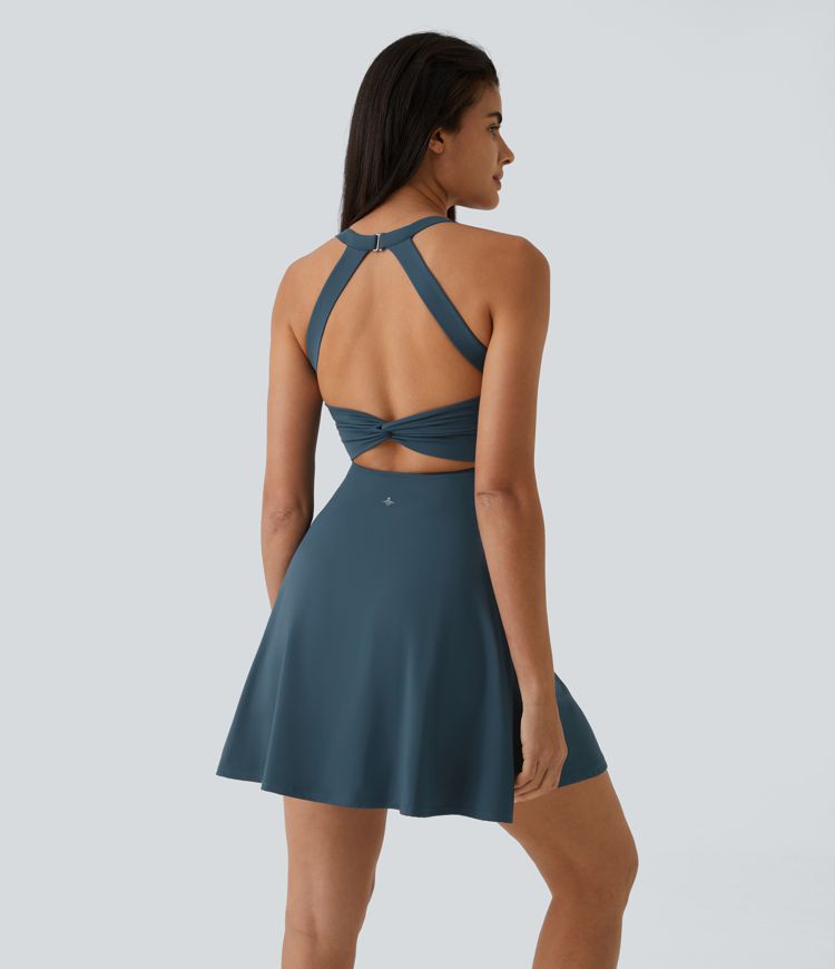 CurveLift™ Airy Backless Twisted Flare Low Support Dance Active Dress-Longer Length-Easy Peezy Edition A-C Cups