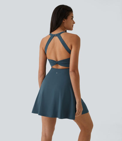 CurveLift™ Airy Backless Twisted Flare Low Support Dance Active Dress-Longer Length-Easy Peezy Edition A-C Cups