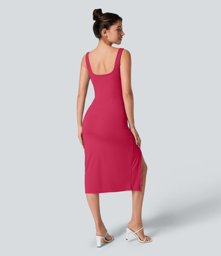 CurveLift™ Airy Square Neck Backless Corset Ruched Split Bodycon Midi Cool Touch Bridesmaid and Wedding Guest Dress