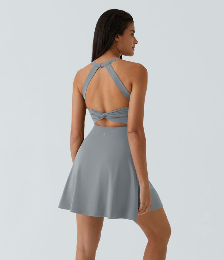 CurveLift™ Airy Backless Twisted Flare Low Support Dance Active Dress-Longer Length-Easy Peezy Edition A-C Cups
