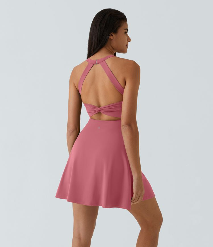 CurveLift™ Airy Backless Twisted Flare Low Support Dance Active Dress-Longer Length-Easy Peezy Edition A-C Cups