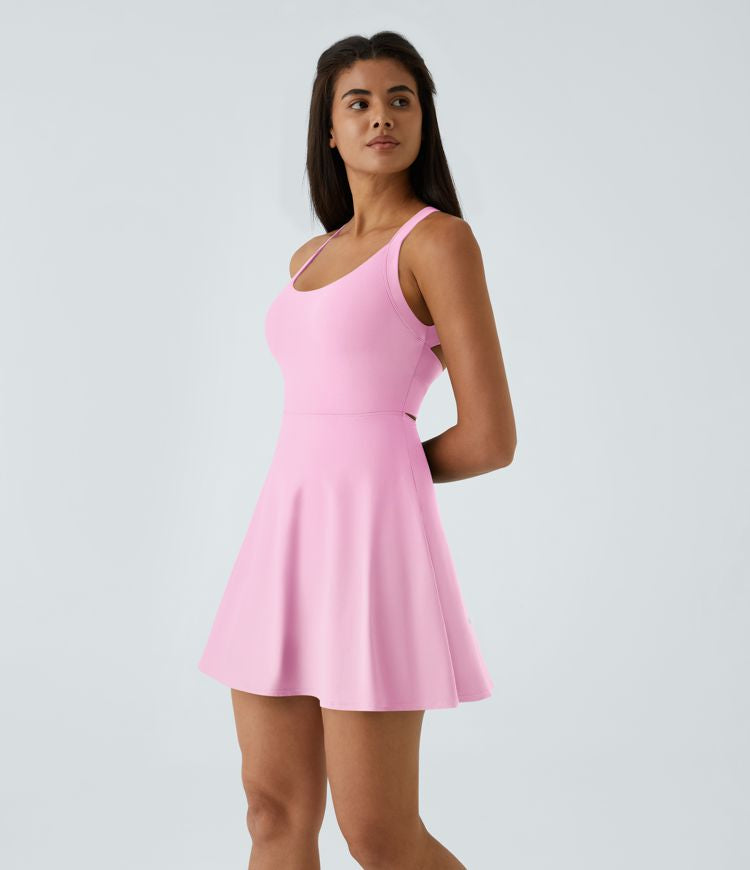 CurveLift™ Airy Backless Twisted Flare Low Support Dance Active Dress-Longer Length-Easy Peezy Edition A-C Cups