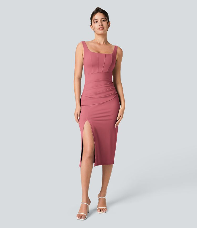 CurveLift™ Airy Square Neck Backless Corset Ruched Split Bodycon Midi Cool Touch Bridesmaid and Wedding Guest Dress