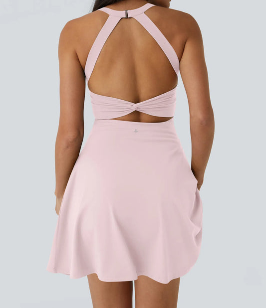 CurveLift™ Airy Backless Twisted Flare Low Support Dance Active Dress-Longer Length-Easy Peezy Edition A-C Cups