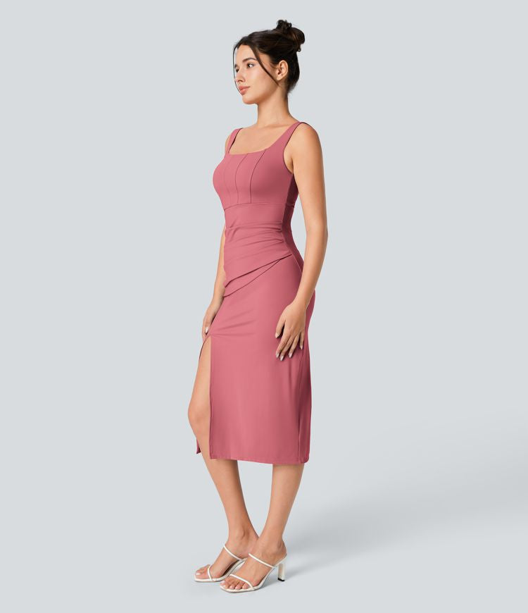 CurveLift™ Airy Square Neck Backless Corset Ruched Split Bodycon Midi Cool Touch Bridesmaid and Wedding Guest Dress