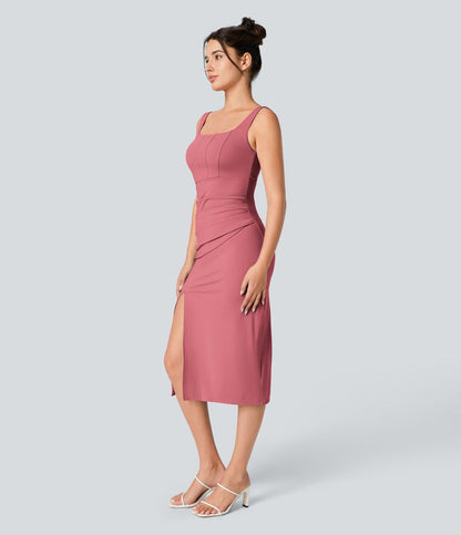 CurveLift™ Airy Square Neck Backless Corset Ruched Split Bodycon Midi Cool Touch Bridesmaid and Wedding Guest Dress