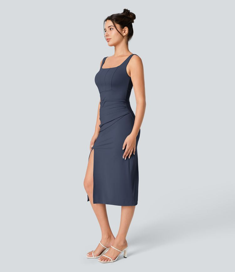 CurveLift™ Airy Square Neck Backless Corset Ruched Split Bodycon Midi Cool Touch Bridesmaid and Wedding Guest Dress