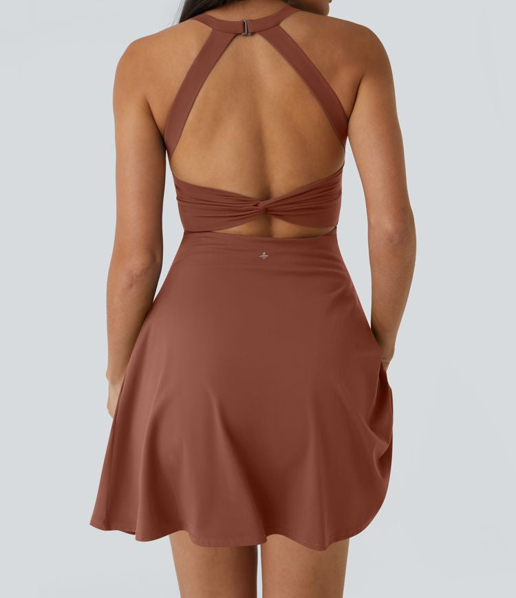 CurveLift™ Airy Backless Twisted Flare Low Support Dance Active Dress-Longer Length-Easy Peezy Edition A-C Cups