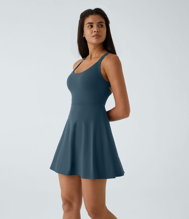 CurveLift™ Airy Backless Twisted Flare Low Support Dance Active Dress-Longer Length-Easy Peezy Edition A-C Cups