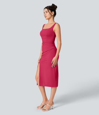 CurveLift™ Airy Square Neck Backless Corset Ruched Split Bodycon Midi Cool Touch Bridesmaid and Wedding Guest Dress