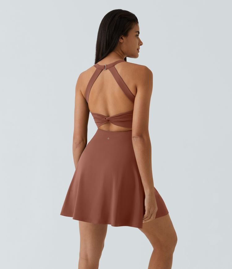 CurveLift™ Airy Backless Twisted Flare Low Support Dance Active Dress-Longer Length-Easy Peezy Edition A-C Cups