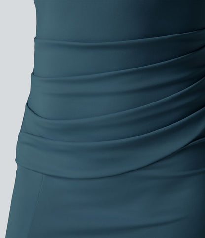 CurveLift™ Airy Square Neck Backless Corset Ruched Split Bodycon Midi Cool Touch Bridesmaid and Wedding Guest Dress
